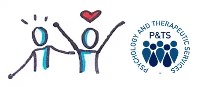 A cartoon of two happy people with a heart above and the Psychology and Therapeutic Services logo on the right
