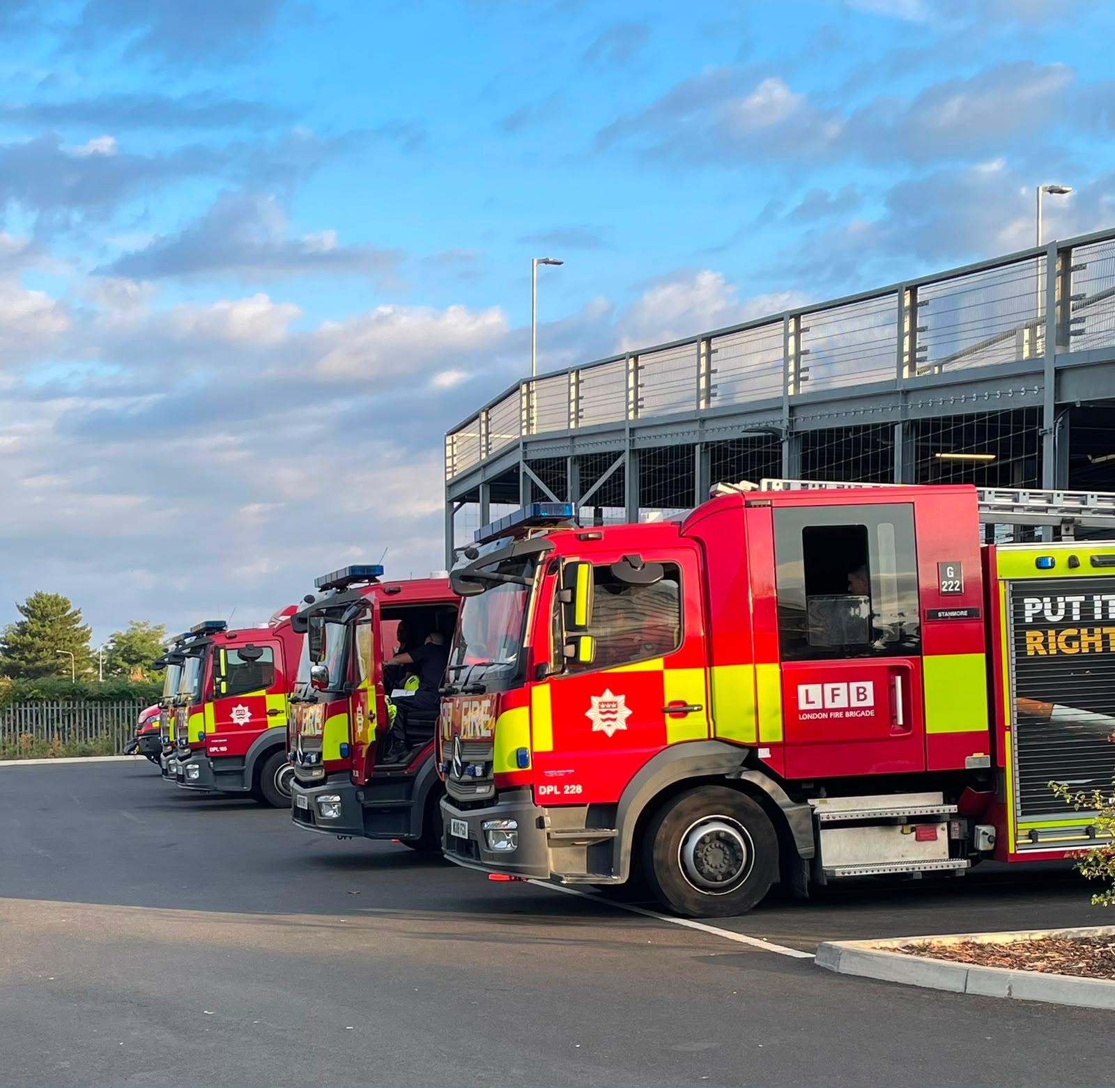 London Fire Brigade fire engines in Ipswich ready to support with the Dunwich Heath wildfire