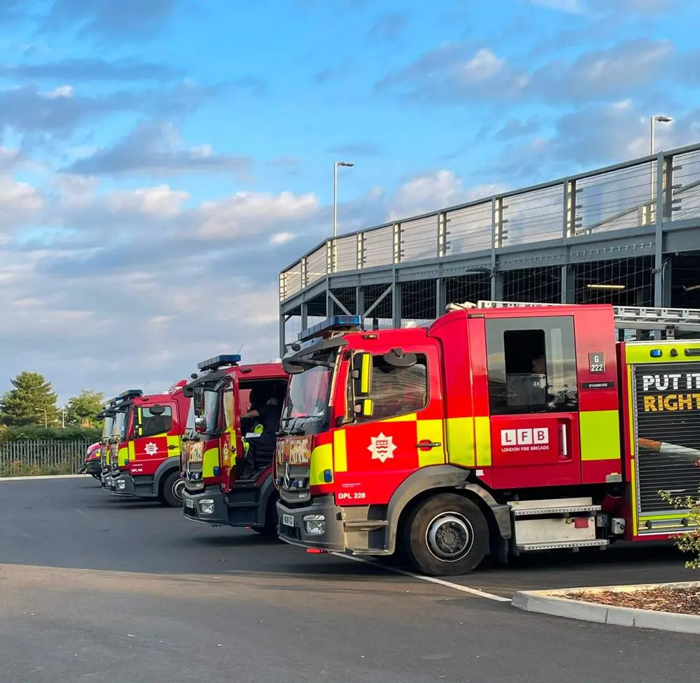 London Fire Brigade fire engines in Ipswich ready to support with the Dunwich Heath wildfire