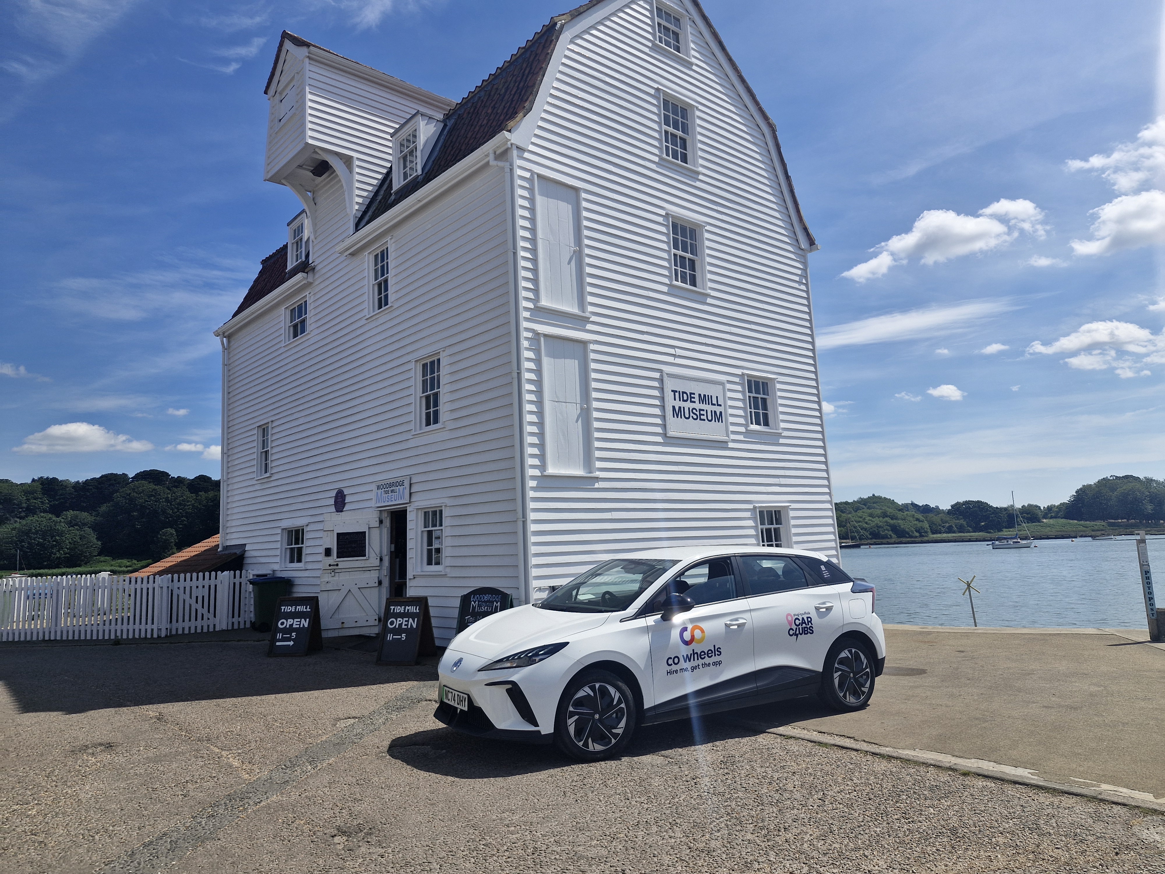 A car club vehicle outside the Woodbridge Tide Mill Museum.