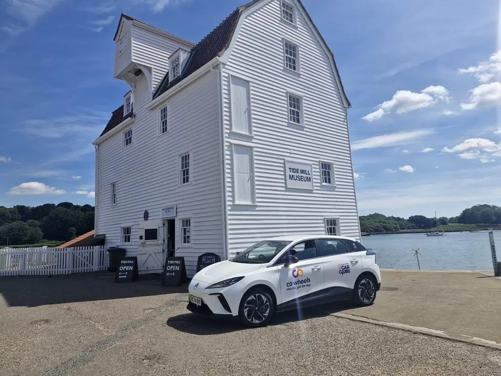 A car club vehicle outside the Woodbridge Tide Mill Museum.