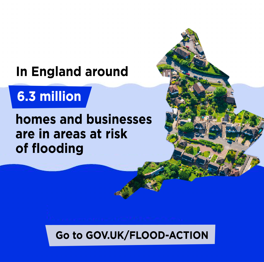 an outline of England with the words "in England 6.3 million homes and businesses are in areas at high risk of flooding" Go to gov.uk/flood-action