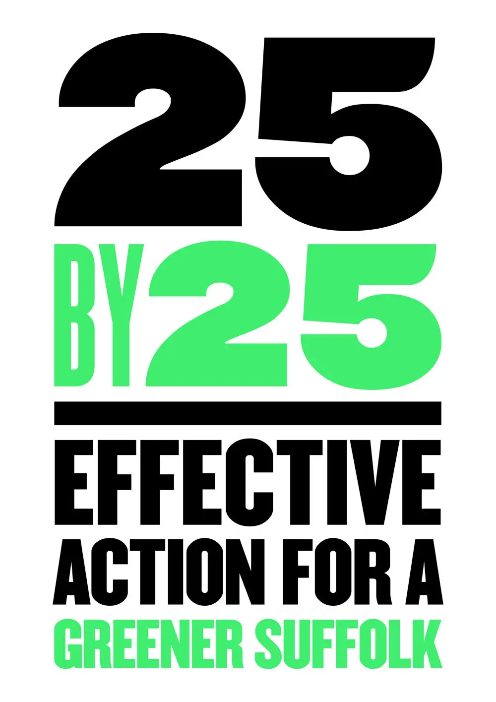 Black and green logo with the words "25 by 25 effective action for a greener Suffolk"