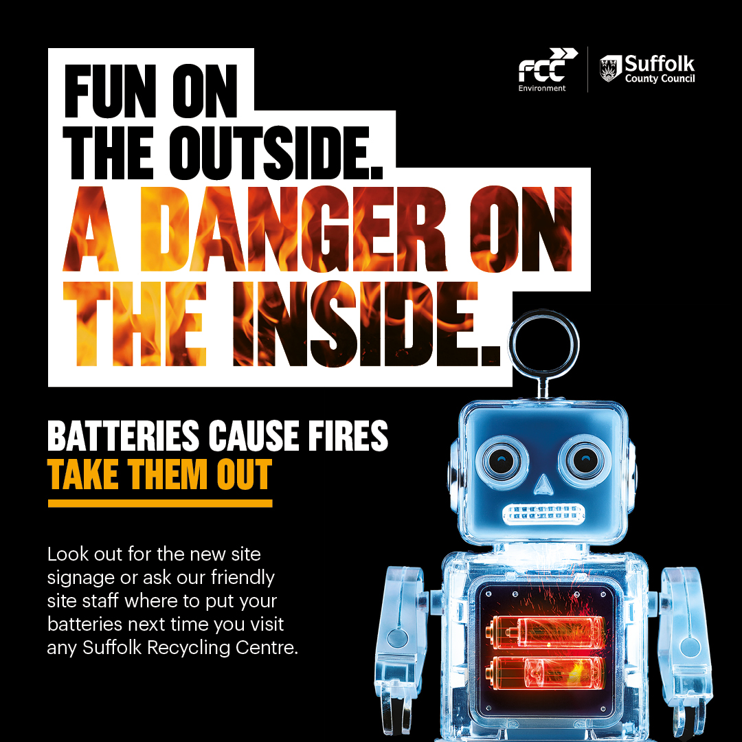 A poster showing a toy robot containing hidden batteries. The words say "fun on the outside. a danger on the inside"