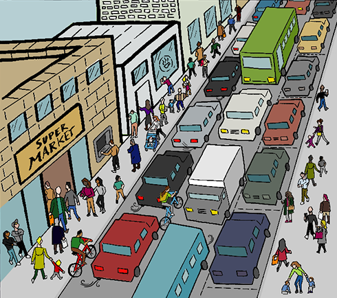 Cartoon of a road with lots of cars and buses and other traffic