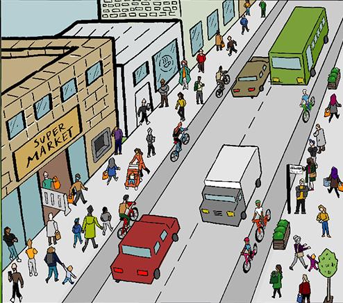 Cartoon of road with fewer cars and more cyclists