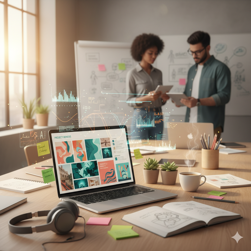 A workspace is in the foreground with a laptop and headphones on a desk.