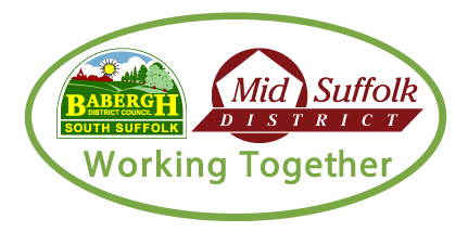 Babergh and Mid Suffolk District Councils logo in green, yellow and brown with Working Together written underneath. 