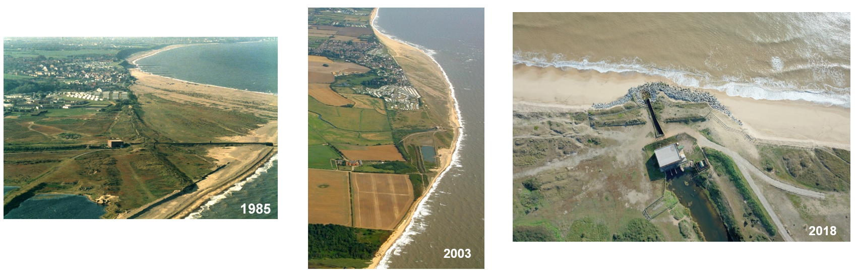 Shows visually the coastal erosion around the pump house from 1985, to 2003 to 2018. 