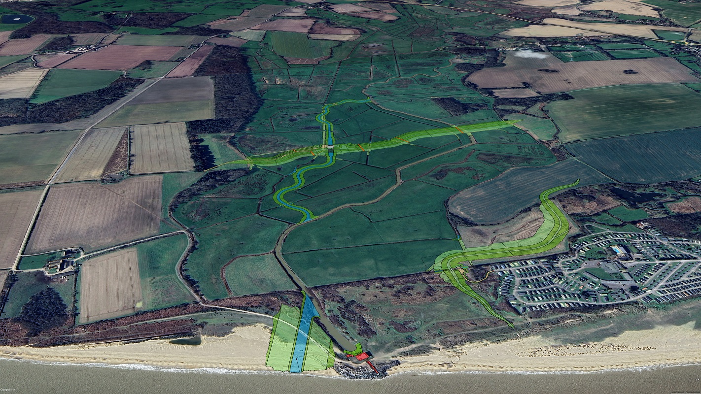 an aerial view of the coast with the flood defence plans superimposed