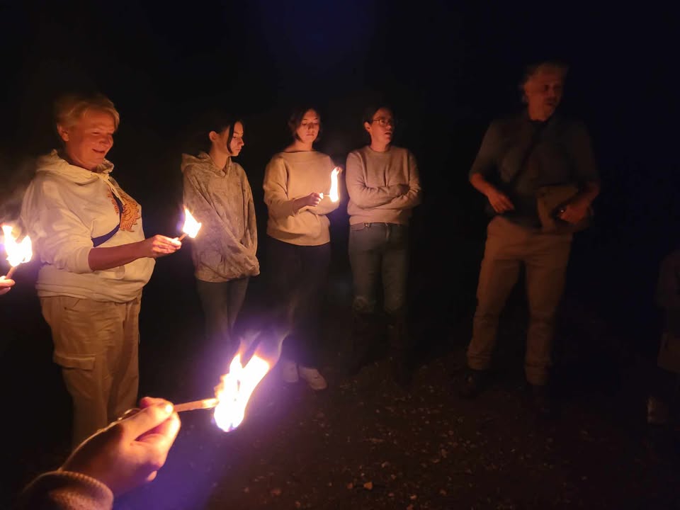 a group of people on a dusk exploration walk holding flaming torches