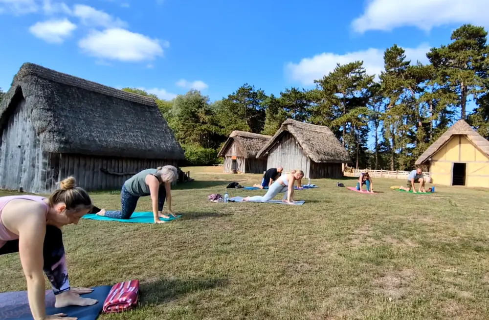 a group of people practising yoga outside in front of thatched huts
