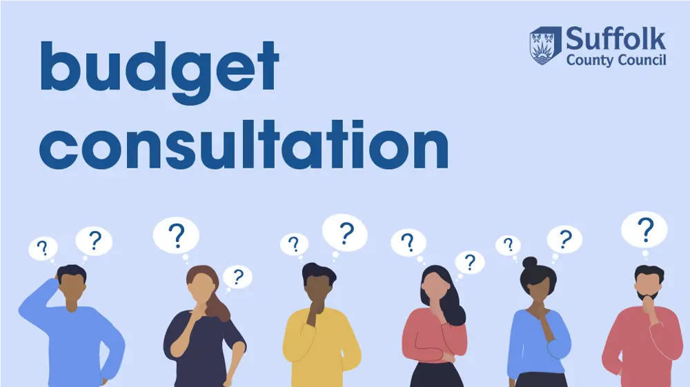 an illustration of six people thinking with question marks over their heads. overlaid are the words "budget consultation" with the SCC logo