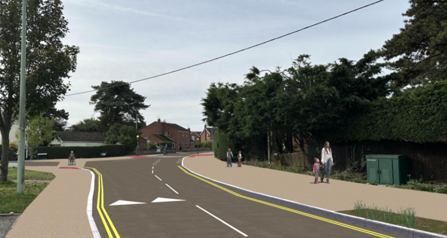 Artist's image of people on a wide pavement next to a road with double yellow lines and speed humps.