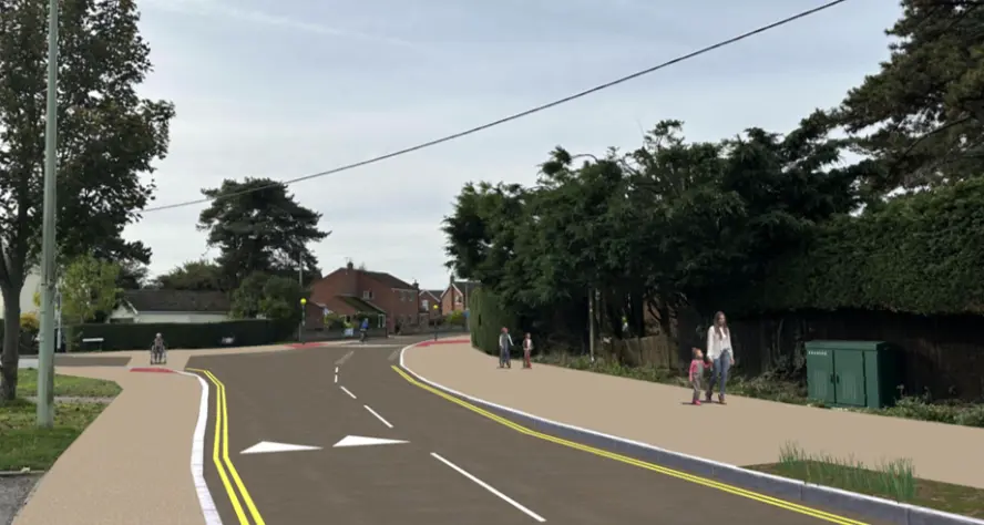 Artist's image of people on a wide pavement next to a road with double yellow lines and speed humps.