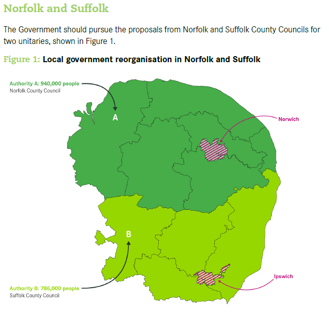 A map of Suffolk and Norfolk showing the suggestion for a single unitary authority for each county.