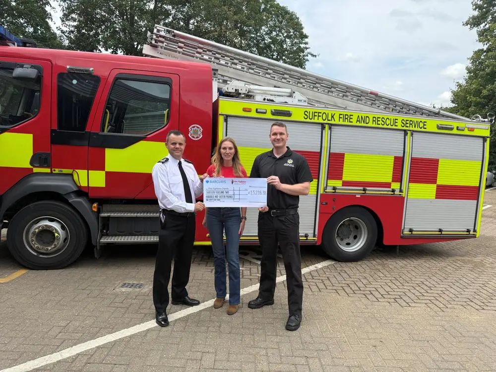 Jon Lacey, Chief Fire Officer at Suffolk Fire and Rescue Service, Clare Delaney, Regional Fundraiser, Fire Fighters Charity and Ed Crawford, Firefighter and Fire Fighter Charity Co-ordinator, Suffolk Fire and Rescue Service.