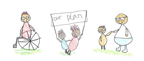 A child's drawing of a group of people playing in a park