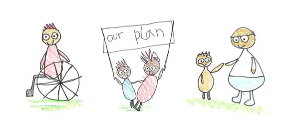 A child's drawing of a group of people playing in a park