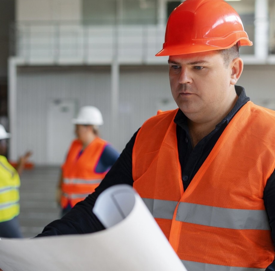 A man wearing construction clothes is looking at a drawing of some building designs.