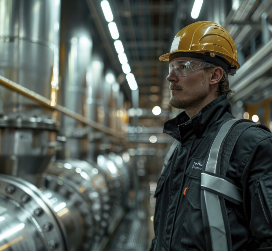 A man in a yellow hard hat is working in a nuclear facility