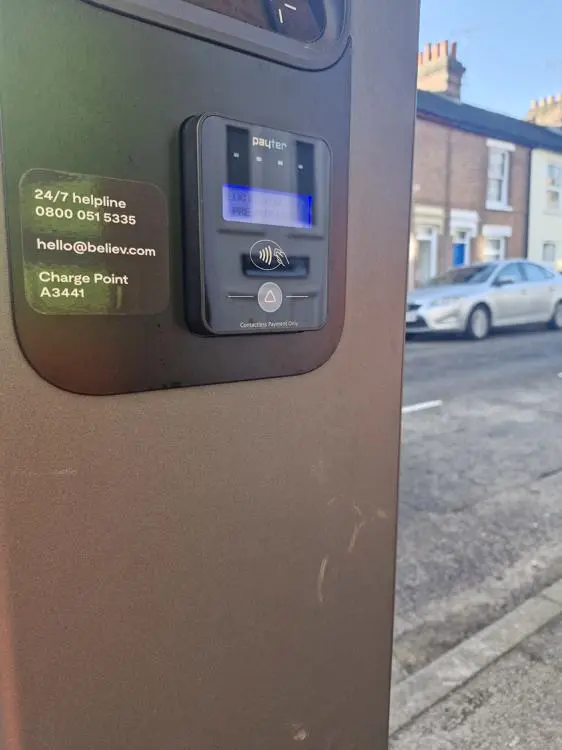 A zoomed in image of a chargepoint, with a close up of the contactless payment system.