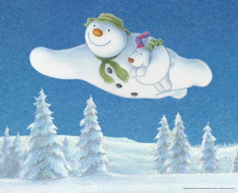 Snowman flying with Snowdog in his arms
