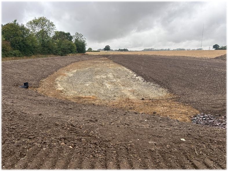 a large dug out area in a field near trees
