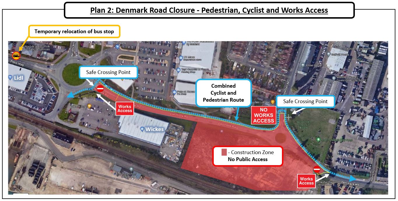 Pedestrian and cycle routes plus safe crossing points for the Denmark Road closure.