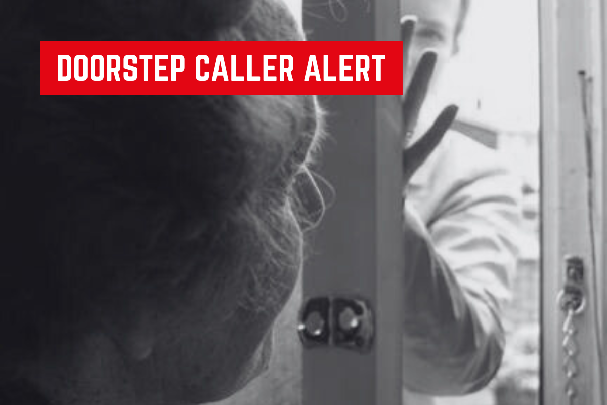 Elderly woman answering the door to a younger man with his hand pushing against the door. Headline of Doorstep Caller Alert.