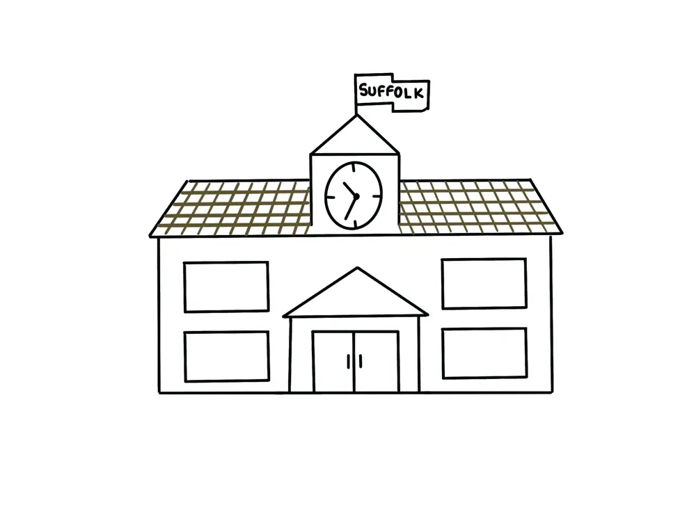 A drawing/cartoon of a Suffolk education setting, like a school