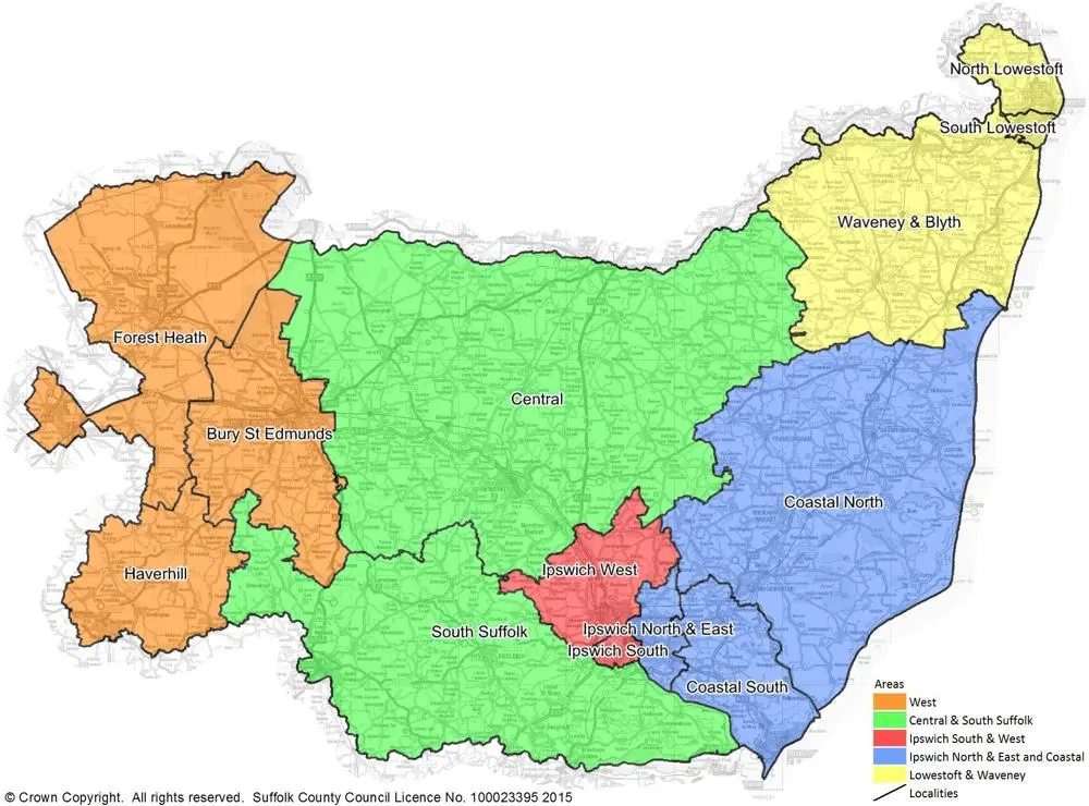 Map showing each social care and early help team and the area they belong in.