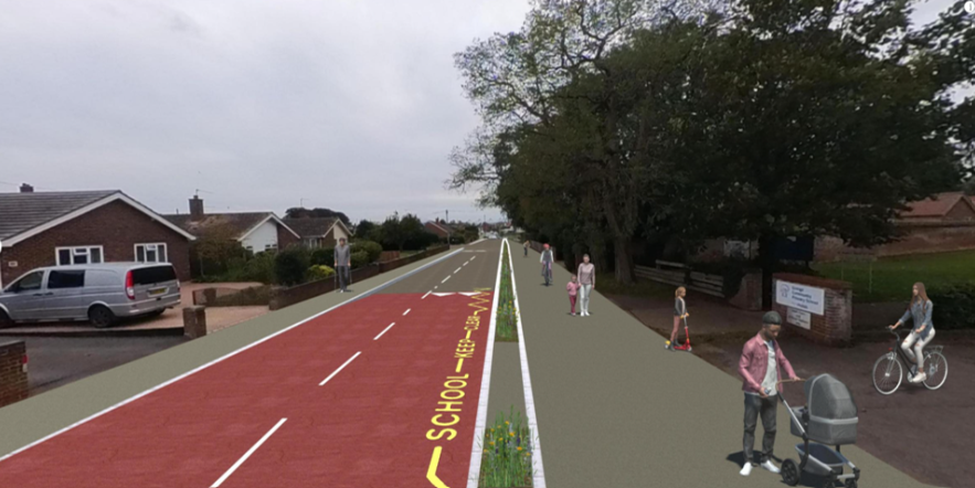 Artist's image of people outside a school on a wide pavement with a red road safety surface and yellow warning writing