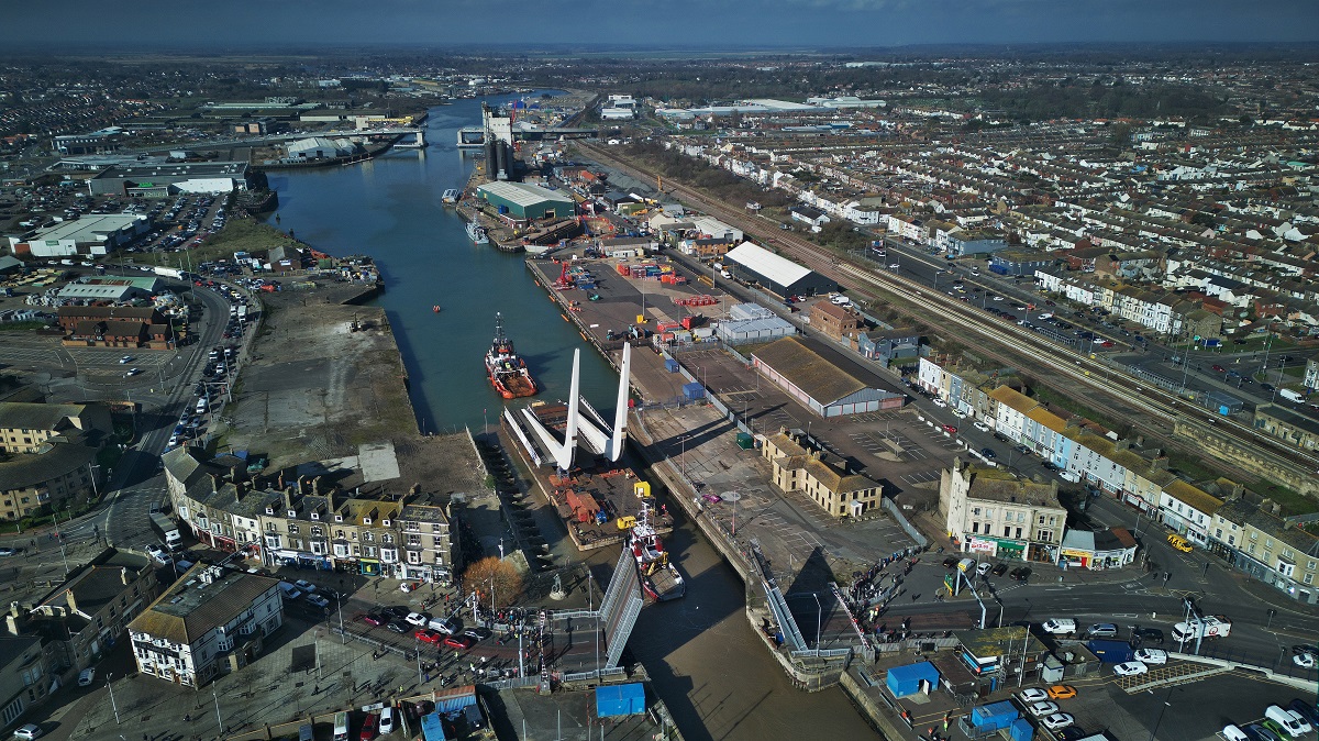 The bascule span being towed in the Port of Lowestoft.