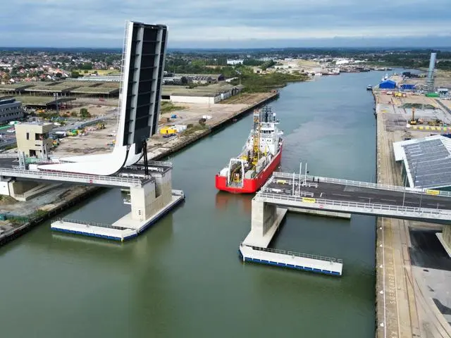Gullwing bridge with it's span open from an aerial position