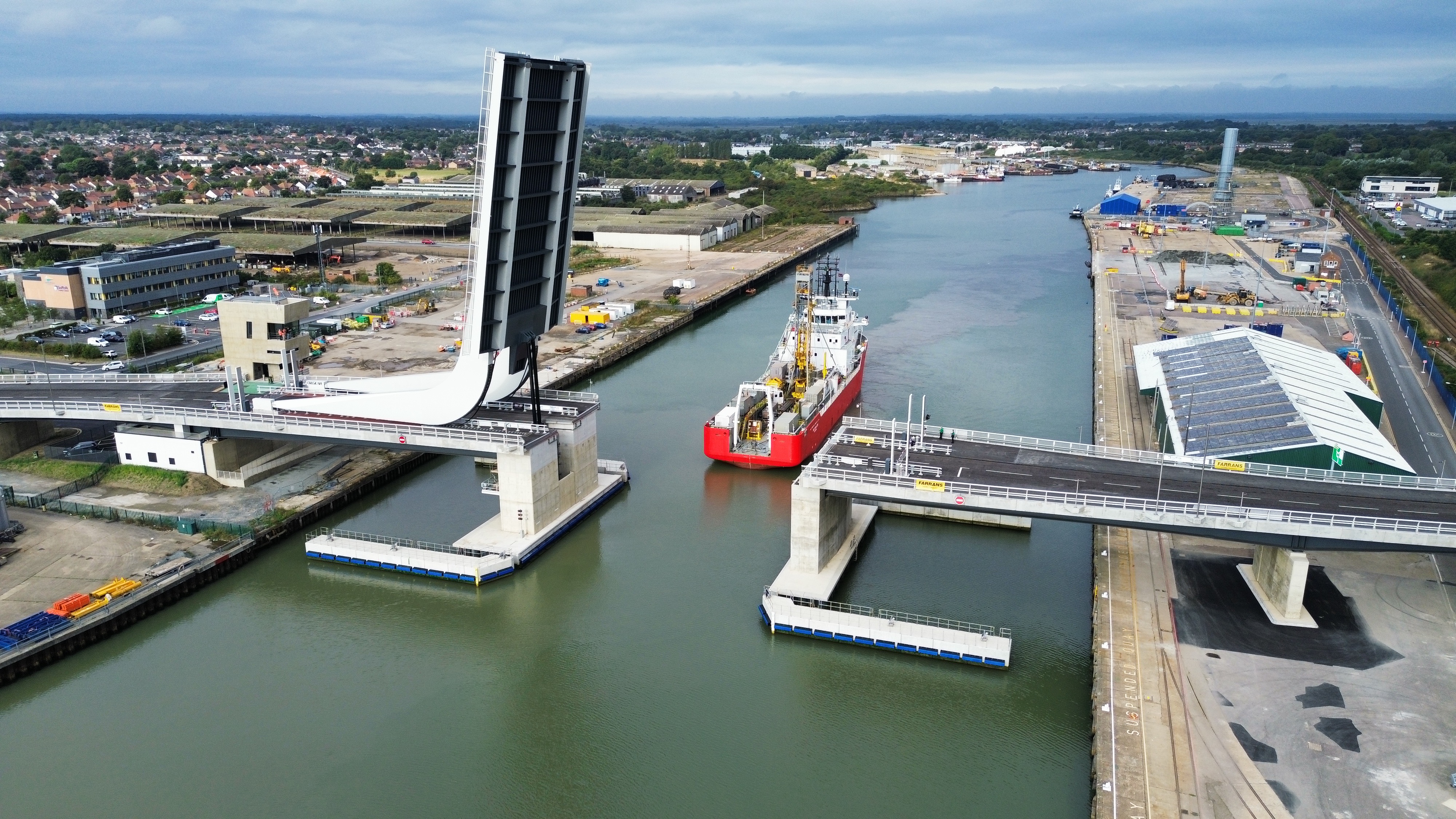 Gullwing bridge with it's span open from an aerial position 
