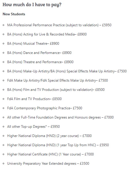 A list of prices for courses the fake college claimed to offer