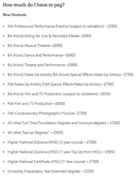 A list of prices for courses the fake college claimed to offer