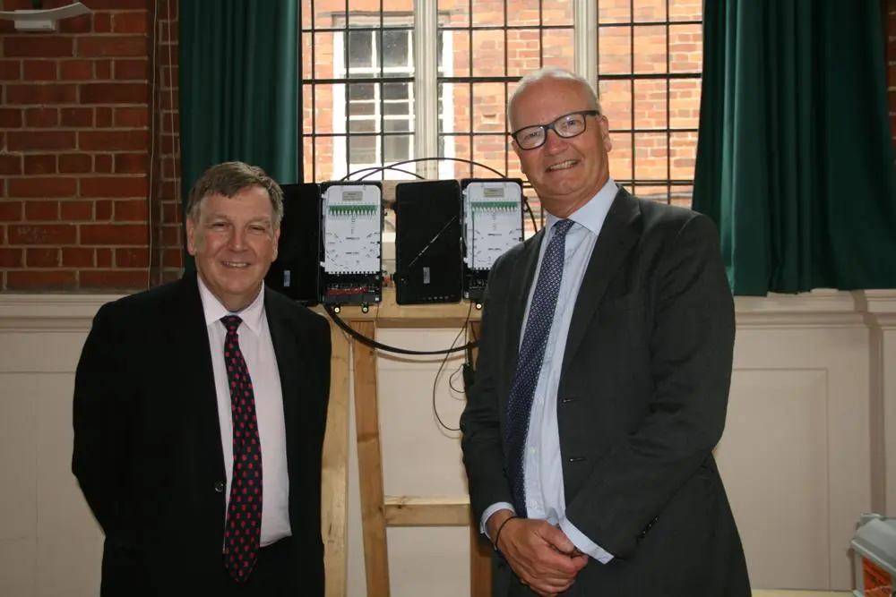 Sir John Whittingdale, left and Councillor Matthew Hicks with broadband fibre equipment 