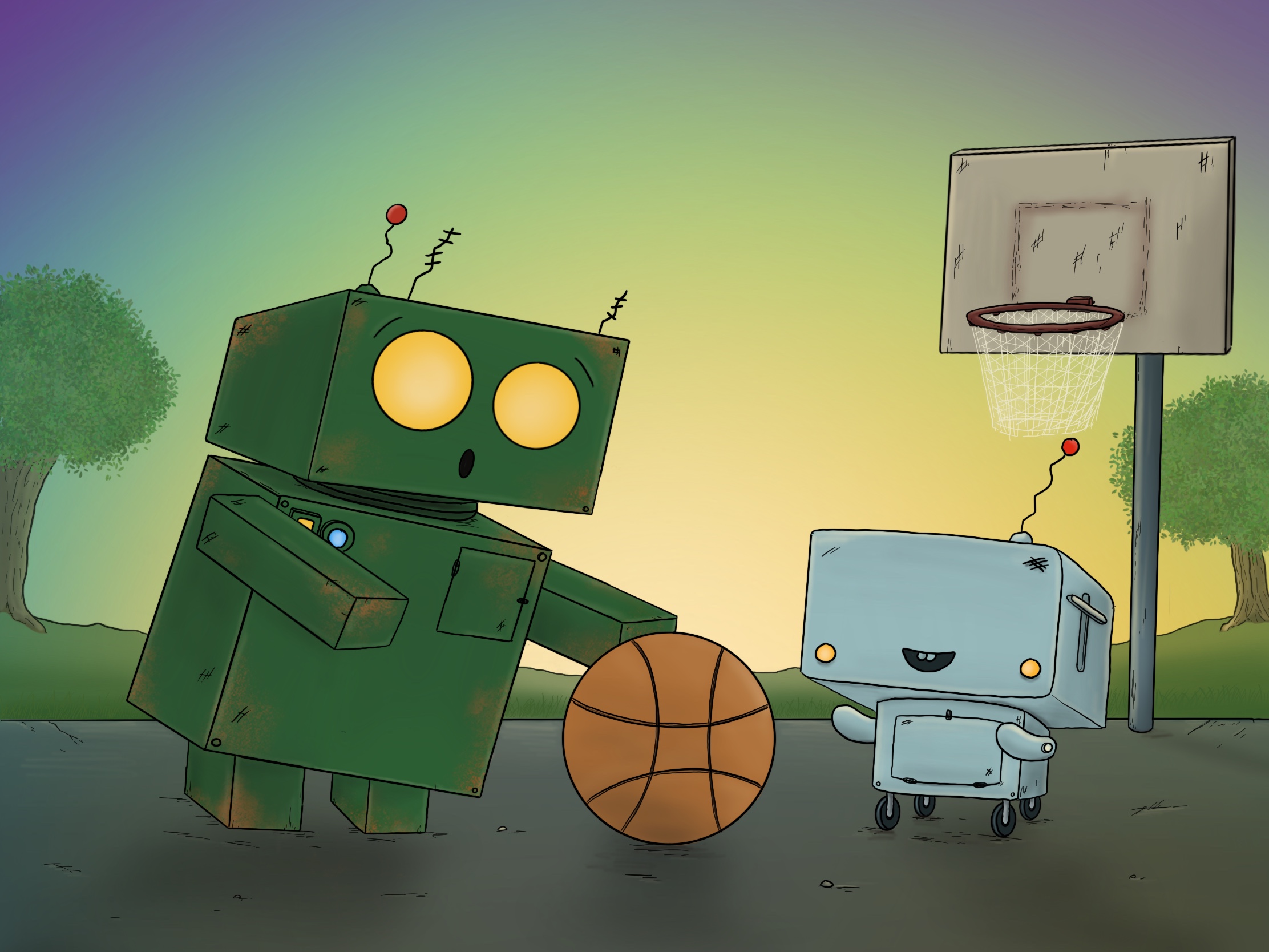 Jot the robot playing a ball game with his robot friend