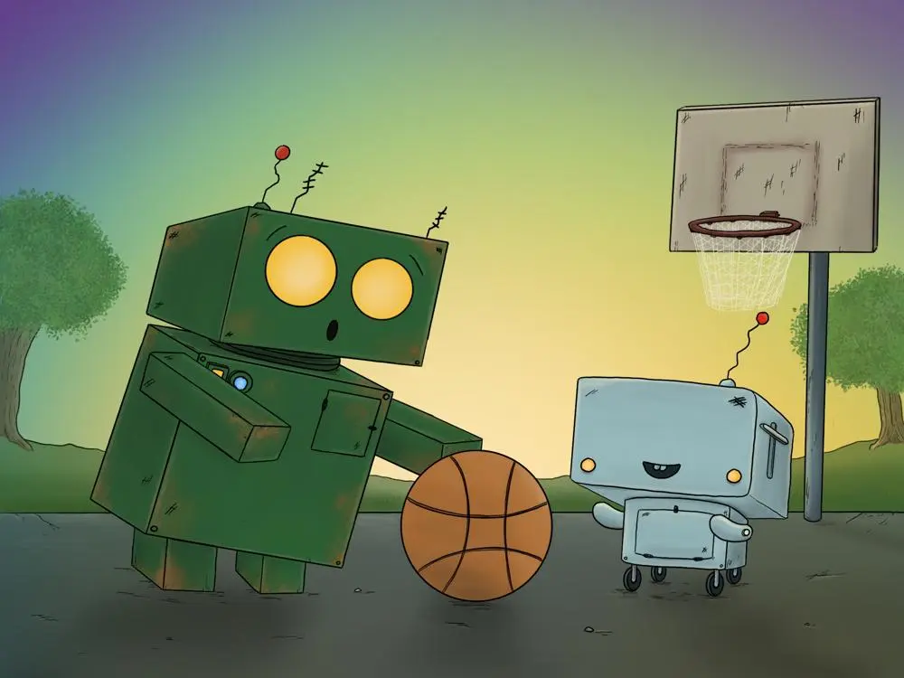 Jot the robot playing a ball game with his robot friend