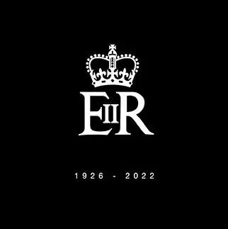 Royal emblem on black background showing years of the Queen&#039;s birth and death