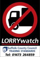 Lorrywatch logo with text underneath reading Suffolk County Council trading standards, with telephone number.