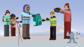 Art of the CHRIS team handing out resources to people