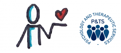 A stick person holding heart a logo