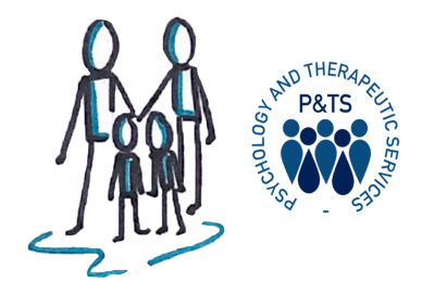 A cartoon of a family and the Psychology and Therapeutic Services logo 