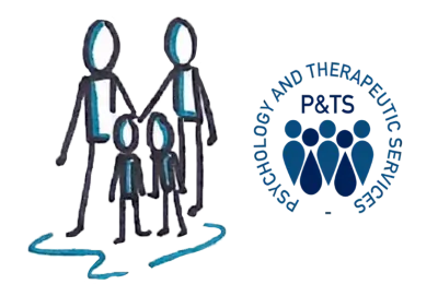 A cartoon of a family and the Psychology and Therapeutic Services logo 