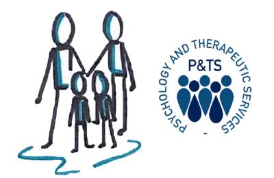 A cartoon of a family and the Psychology and Therapeutic Services logo