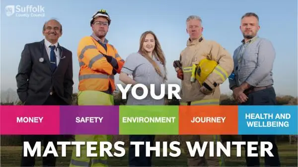 A group of council workers with the logo: Your matters this winter; money, safety, environment, journey and health and wellbeing.