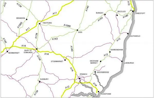 Map of roads in Suffolk maintained by National Highways